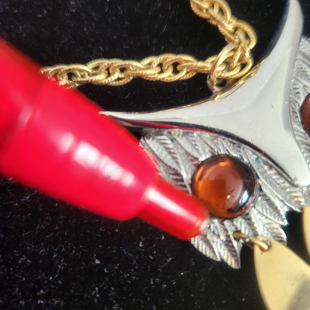 Vintage Articulated Owl Pendant Necklace Gold Silver Tone Amber Eyes Boho large - Picture 5 of 13
